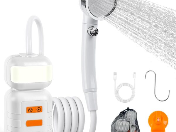 kswiown Tragbare Campingdusche mit 8000 mAh Akku & LED-Licht – IPX8 wasserdichtes Outdoor-Duschset, 4 Sprühmodi für Camping, Reisen, Haustiere, Autowäsche