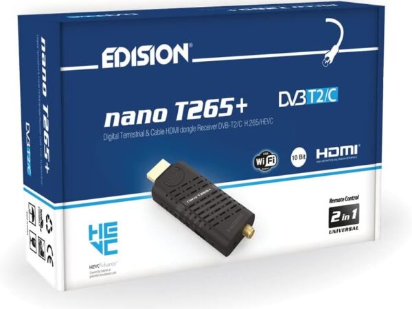 Edision Nano T265+ Terrestrischer DVB-T2 und Kabel DVB-C HDMI dongle Receiver, H265 HEVC, FTA, Full HD, PVR, USB, HDMI, IR, USB WiFi Support, Universal 2in1 Fernbedieung, Schwarz