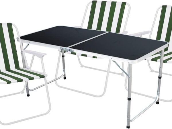 Mojawo 4tlg. Campingmöbel Set Alu 120x60x58/70cm 1x XXL Campingtisch schwarz mit Tragegriff + 3 Campingstühle grün-weiß Stoff Oxfort