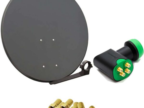 Premium X Satelliten-Komplettanlage 80cm Satellitenschüssel Anthrazit Quad LNB 8X F-Stecker, SAT für 4 Teilnehmer