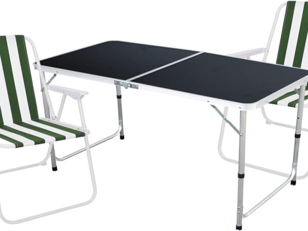 Mojawo 3tlg. Campingmöbel Set Alu 120x60x58/70cm 1x XXL Campingtisch schwarz mit Tragegriff + 2 Campingstühle grün-weiß Stoff Oxfort