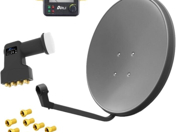 ARLI 60cm HD Sat Anlage Octo LNB + Satfinder + 8 F-Stecker vergoldet breite Mutter Dichtring 8 Teilnehmer grau UHD 4K Satellitenschüssel Satelliten Antenne 60 cm