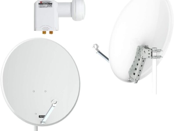 OPTICUM QA80 Satellitenschüssel 80 cm lichtgrau mit LNB Halterung & Twin LNB LTP 04H - 4K HD & 3D fähig - Witterungsbeständige Sat-Antenne aus Stahl - Sat Anlage für 2 Teilnehmer