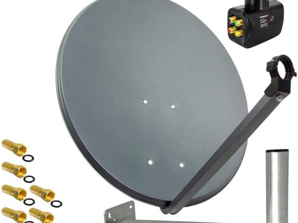 PremiumX Satelliten-Komplettanlage 60cm Anthrazit Satellitenantenne Satellitenschüssel SAT Quad LNB Wandhalter 45cm 8X F-Stecker