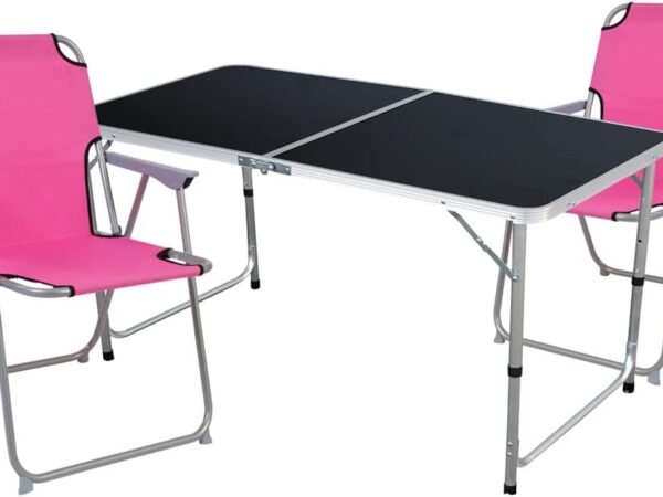 Mojawo 3tlg. Campingmöbel Set Alu 120x60x58/70cm 1x XXL Campingtisch Black Edition mit Tragegriff + 2 Campingstühle pink Stoff Oxfort