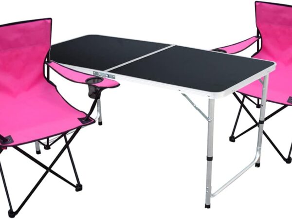 Mojawo 3-TLG. Campingmöbel Set Alu 120x60x58/70cm 1x XXL Campingtisch höhenverstellbar mit Tragegriff + 2 Anglerstühle Faltstühle Pink