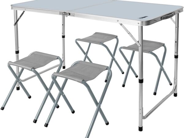 NEO TOOLS Camping-Set:Faltbarer Tisch und 4 Klappstühlen, zusammengefaltet in einem Koffer, Campingmöbel im Koffer - Mobiler Biwak-Satz, Campingausrüstung, Alternative für den Kleingarten