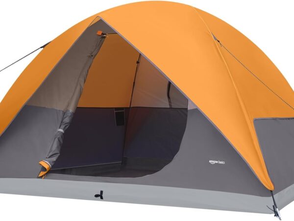 Amazon Basics Kuppelzelt für Camping mit Regenschutz und Tragetasche, wasserdichtes 3-Jahreszeiten-Zelt, einfach aufzubauen, 6 Personen