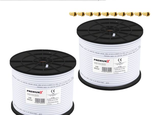 Premium X 200m 2X 100m Basic Koaxialkabel 135dB 4-Fach SAT Antennenkabel Satellitenkabel Koax-Kabel RG6 Digital 20x F-Stecker