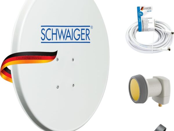 SCHWAIGER 9727 SAT-Anlage Satelliten-Set Satellitenschüssel Single-LNB Koaxialkabel 10m digital SAT-Antenne aus Aluminium Hellgrau 55 x 62cm