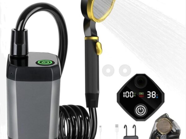 UTTASU Tragbare Camping-Dusche mit LED-Display, 6000 mAh, wiederaufladbar, USB-Duschpumpe, 4 Modi, verstellbarer Duschkopf für Outdoor, Wandern, Reisen, Haustierwäsche, Autoreinigung (9000 mA grau)
