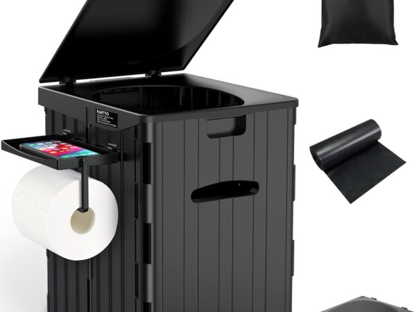 XL Tragbare Toilette für Erwachsene, extra groß, 39 cm hoch, faltbare Camping-Toilette mit abnehmbarem Handy-Regal und Toilettenpapierhalter, lange Autofahrten, Auto