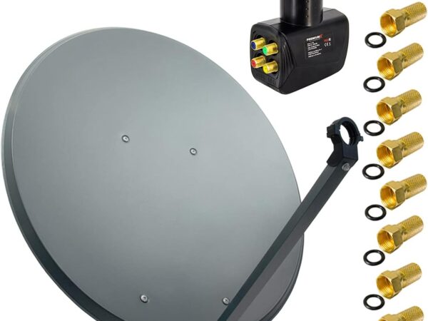 Premium X Satelliten-Komplettanlage 100cm Satellitenschüssel Aluminium Anthrazit Antenne Quad LNB 8X F-Stecker, SAT bis 4 Teilnehmer