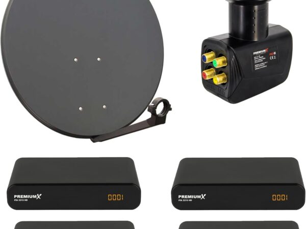Premium X Satelliten-Komplettanlage 4 Teilnehmer 80cm Antenne Anthrazit SAT Quad LNB 4X Satelliten-Receiver DVB-S2 HDTV
