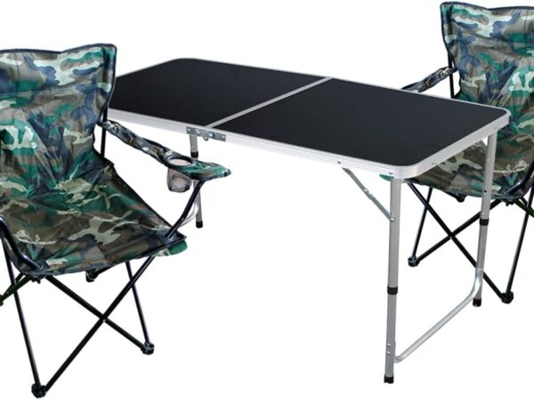 Mojawo 3tlg. Campingmöbel Set Alu B 120 x T 60 x H 58/70 cm, 1x Campingtisch schwarz mit Tragegriff + 2 Anglerstühle, Faltstühle Campingstühle Camouflage