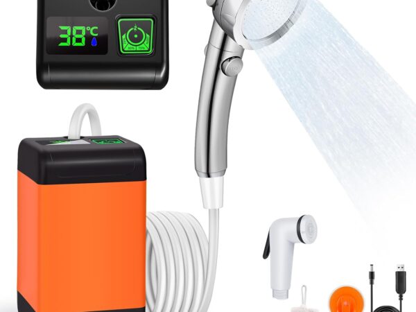 JONRRYIN Tragbare Campingdusche, 6000mAh Camping Dusche Akku mit Pumpe und Temperaturanzeige, Camping Dusche Portatil Outdoor mit Duschkopf und 2m Schlauch für Garten Reisen Autowäsche Haustier