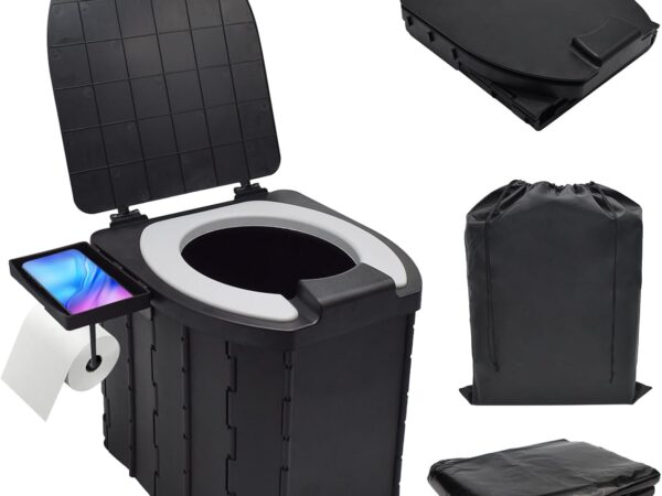 JNUYISW Campingtoilette Faltbar, Tragbare Mobile Toilette WC mit Deckel Multifunktional Trockentoilette mit Telefonhalterung, Papierrollenhalterung für Camping, Reise, Angeln, Stau, Zelten