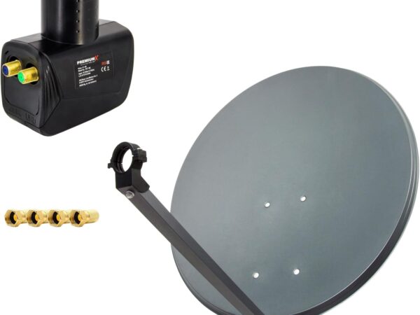 Premium X Satelliten-Komplettanlage 80cm Satellitenschüssel Anthrazit Satellitenantenne Twin LNB 4X F-Stecker, 1 SAT für 2 Teilnehmer