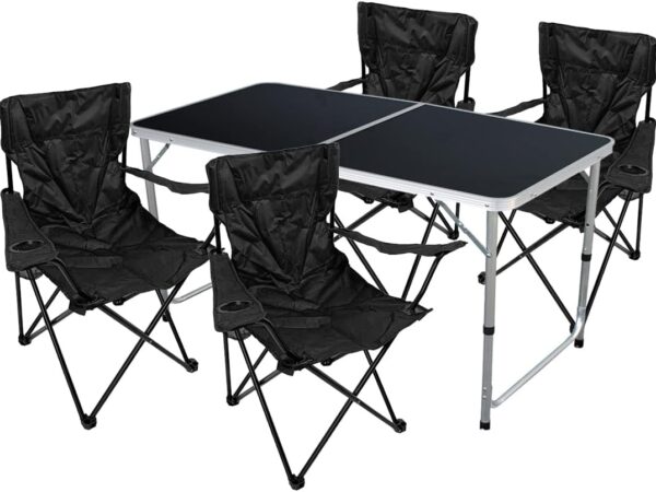 Mojawo 5tlg. Campingmöbel Set Alu B120xT60xH58/70cm / 1x Campingtisch schwarz mit Tragegriff + 4 Anglerstühle, Faltstühle Campingstühle Schwarz
