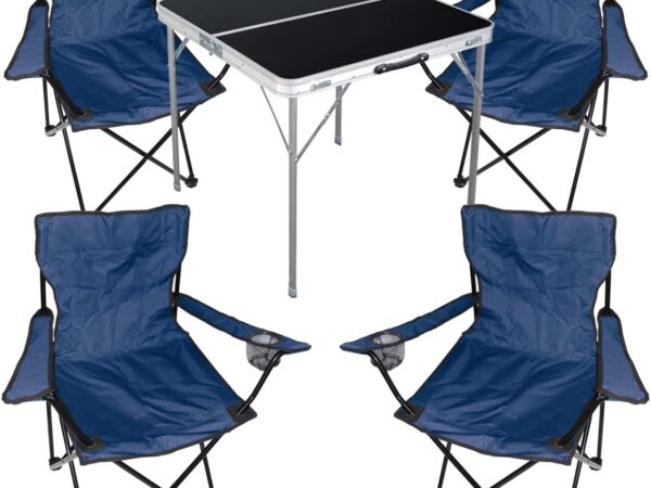 5tlg. Campingmöbel Set Alu 80x80x70cm 1x Campingtisch schwarz mit Tragegriff + 4 Anglerstühle, Faltstühle Campingstühle Blau