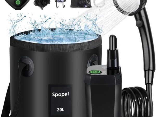 Spopal Campingdusche Tragbare, Campingdusche mit 20L Klappbarer Eimer, 6000mAh Camping Dusche Akku, Camping Dusche Outdoor Set mit Duschkopf und 2m Schlauch für Garten, Strand, Autowaschen, Haustier