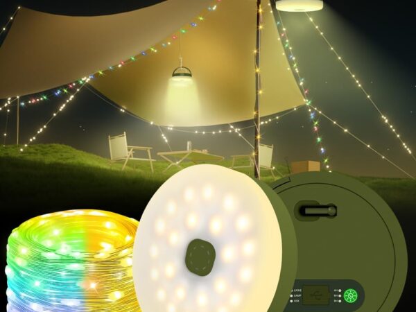 KUWUNG Camping Lichterkette Aufrollbar, 10M Wiederaufladbare Camping Lichterkette Außen, IP44 Wasserdichte Tragbare Lichterkette Camping mit Warmweißes Licht und Farblicht für Camping, Garten