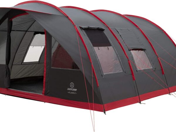 JUSTCAMP Atlanta 3, 5 oder 7 Personen Familienzelt - Tunnelzelt mit Stehhöhe inkl. Vordach & Boden, Eingang mit Fliegengitter - Campingzelt groß, geräumig, wasserdicht - Ideal für Campen & Festival