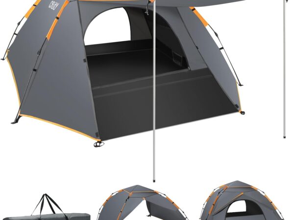 Cflity Camping Zelt, 3 Personen Pop Up Zelt Automatisches Instant DREI Schicht Wasserdicht 4 Jahreszeiten Große Wurfzelt & Zeltplanen mit Verlängerter Bodenmatte Veranda 2 Zeltstangen Kuppelzelt