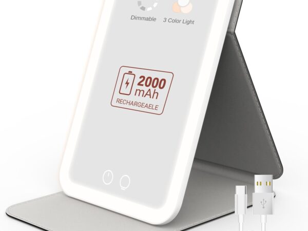 EASEHOLD Wiederaufladbarer Kosmetikspiegel mit Beleuchtung, Reisespiegel mit Licht, 3 einstellbare Lichtfarben, Tragbarer & Faltbarer Schminkspiegel, Dimmbarer Makeup Spiegel (2000 mAh Akku)