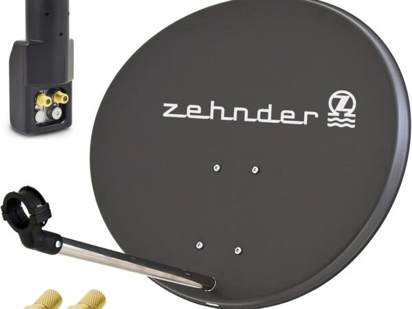 Zehnder 60cm Spiegel Schüssel Stahl + Twin LNB | 2 Teilnehmer SAT Anlage HD Digital Set anthrazit | DVB-S/S2 Full HDTV 3D 4K Ultra HD UHD Empfang