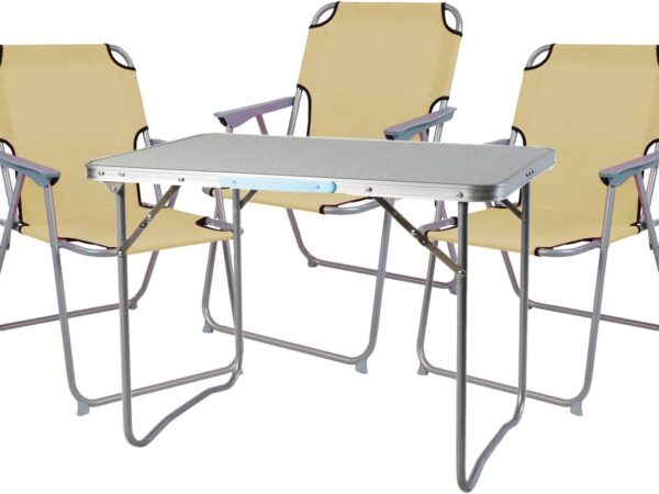 FineHome 4-teiliges Campingmöbel Set Beige Alu Camping 1x Campingtisch mit Tragegriff + 3 Campingstühle L80xB60xH68cm