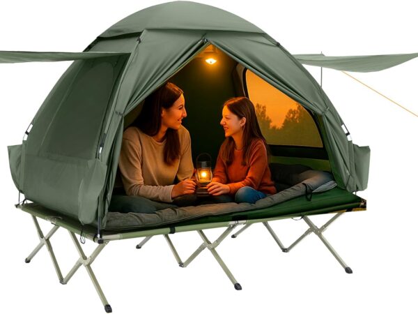 SoBuy Feldbett mit Zelt 2 Personen 7in1 Wurfzelt mit Luftpumpe, Rolltasche, Schlafsack, Vorzelt Wasserdichtes Campingbett Outdoor Campingliege Familienzelt Grün 193x188x145cm bis 180 kg OGS32-L-GR