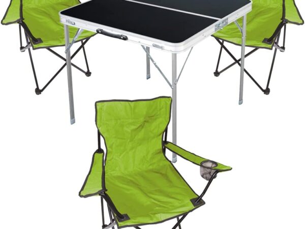 4tlg. Campingmöbel Set Alu 80x80x70cm 1x Campingtisch schwarz mit Tragegriff + 3 Anglerstühle, Faltstühle Campingstühle limegrün