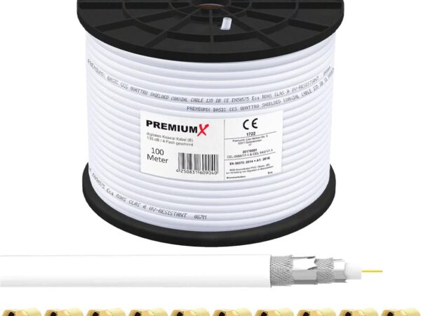 Premium X 100m Basic Koaxialkabel 135dB 4-Fach SAT Antennenkabel Koax-Kabel RG6 Satellitenkabel 20x F-Stecker 0,35 EUR/m