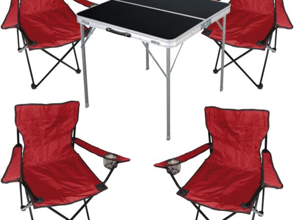 4tlg. Campingmöbel Set Alu 80x80x70cm 1x Campingtisch schwarz mit Tragegriff + 3 Anglerstühle, Faltstühle Campingstühle rot