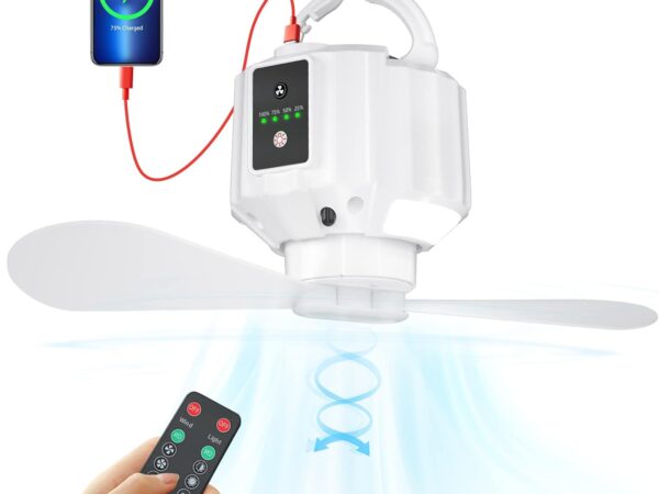 Wastou 5200 mAh Camping-Ventilator, Mini-USB-Ventilator mit LED-Licht & Haken, 3-Geschwindigkeits-Deckenventilator, Zelt-Ventilator mit Ventilator für Auto, Outdoor, Camping, Büro, Haus (weiß)