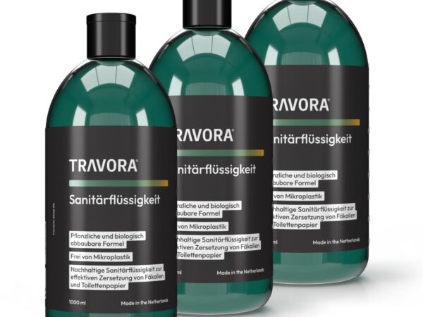 TRAVORA Sanitärflüssigkeit für Campingtoilette - biologisch abbaubarer Toilettenzusatz Wohnmobil 3x 1L - Sanitärzusatz für effektive Zersetzung von Fäkalien und Bekämpfung unangenehmer Gerüche
