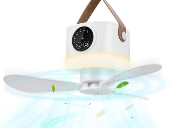 kswiown 7200 mAh Akku Camping-Ventilator, Mini-USB-Ventilator mit LED-Licht & Haken, 3-stufiger Deckenventilator, Zeltventilator mit Ventilator für Auto, Outdoor, Camping, Büro, Zuhause
