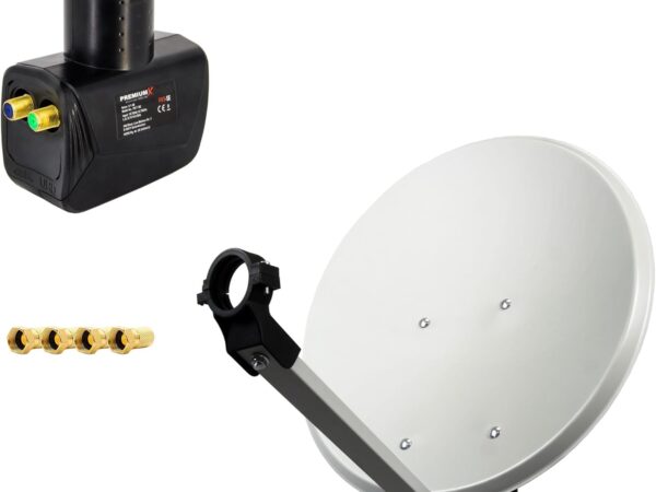 Premium X 45cm Satellitenschüssel Stahl Hellgrau Satelliten-Antenne SAT Anlage Twin LNB 4X F-Stecker 2 Teilnehmer