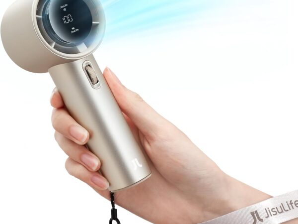 JISULIFE Tragbarer Handventilator,Turbo Mini Ventilator Einstellbare Geschwindigkeit(1-100),Wiederaufladbarer 5000mAh Akku,Metallgehäuse,Digitales Display,Für Reisen/Camping/Outdoor-Braun