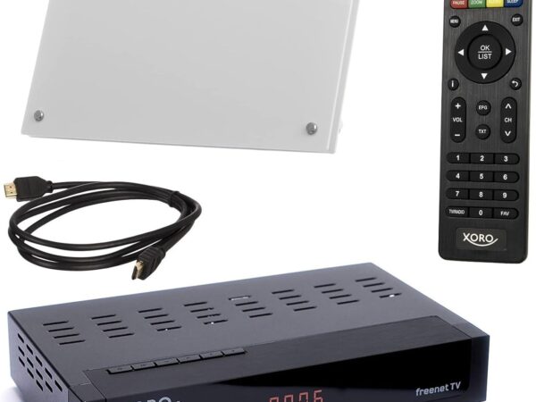 Xoro HRT 8730 KIT DVB-T2 Receiver (6 Monate FREENET TV) + aktive DVBT-2 Antenne + HDMI Kabel, HDTV, PVR Ready, USB Mediaplayer, schwarz