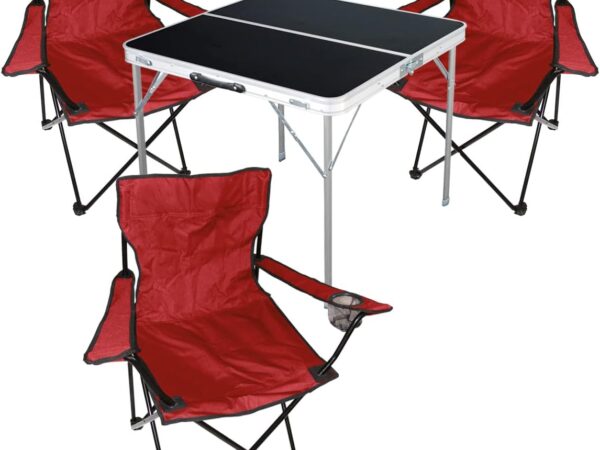 4tlg. Campingmöbel Set Alu 80x80x70cm 1x Campingtisch schwarz mit Tragegriff + 3 Anglerstühle, Faltstühle Campingstühle rot