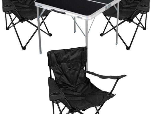 4tlg. Campingmöbel Set Alu 80x80x70cm 1x Campingtisch schwarz mit Tragegriff + 3 Anglerstühle, Faltstühle Campingstühle Schwarz