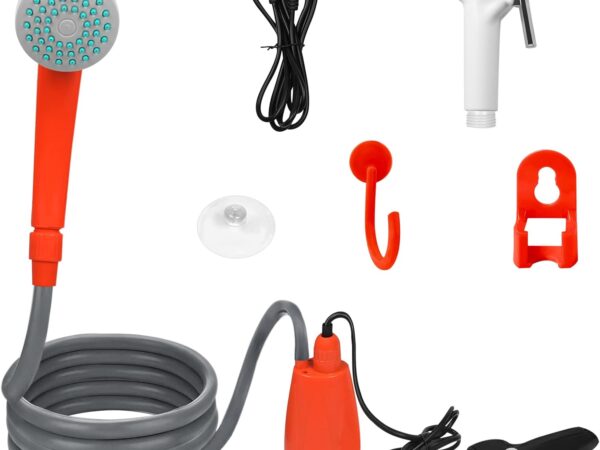 UISEBRT Campingdusche mit Pumpe Akku - Tragbare Camping Dusche Outdoor mit Wiederaufladbarer Tauchpumpe Handbrause, USB-Ladekabel, für Garten Strand Camping Reisen Autowäsche Hundedusche, 2200mAh