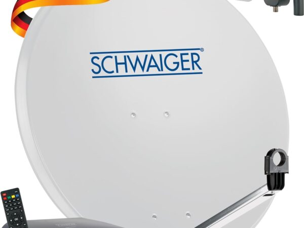 SCHWAIGER SAT-Anlage Satelliten-Set Satellitenschüssel Single-LNB HD-Receiver Fernbedienung digital SAT-Schüssel aus Stahl Hellgrau 80cm 1-Teilnehmer