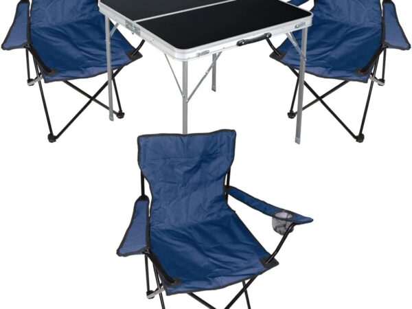 4tlg. Campingmöbel Set Alu 80x80x70cm 1x Campingtisch schwarz mit Tragegriff + 3 Anglerstühle, Faltstühle Campingstühle Blau