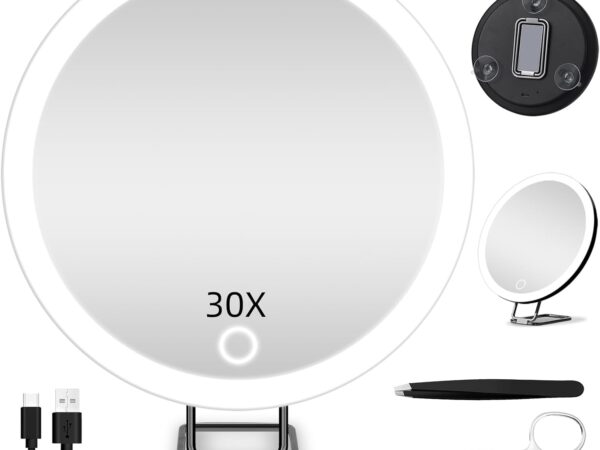 JADAZROR LED-Kompaktspiegel, 30-Fach-Vergrößerungsspiegel mit Licht, 15cm Reisespiegel mit Vergrößerung, wiederaufladbarem beleuchtetem 30-facher Vergrößerungsspiegel, tragbares Reisespiegelgeschenk