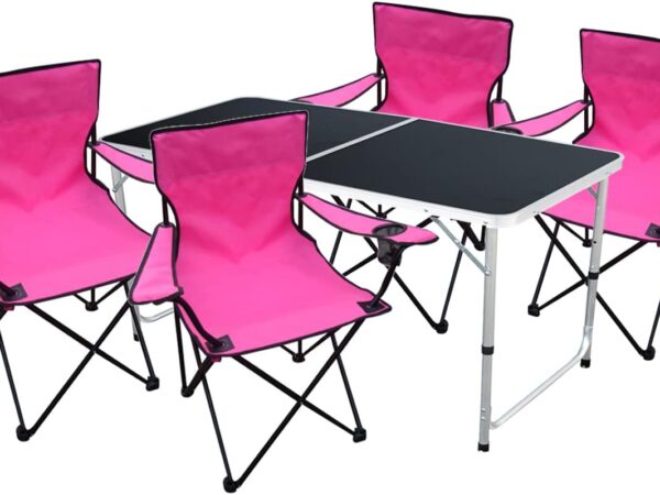 Mojawo 5tlg. Campingmöbel Set Alu 120x60x58/70cm 1x XXL Campingtisch höhenverstellbar mit Tragegriff + 4 Anglerstühle Faltstühle Pink