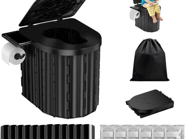 Campingtoilette Faltbar,Tragbare Campingtoilette mit 12 Toilettenbeuteln Mobile Toilette mit Deckel, Papierrollenhalter und Telefonablage Mobile Camping Toiletten für Wandern,Reisen, 200 kg Belastbar