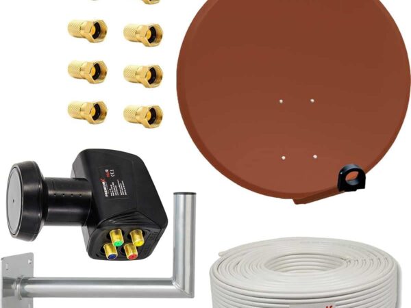 Premium X Satelliten-Komplettanlage 80cm Satellitenschüssel Ziegelrot Quad LNB Kabel 50m Wandhalter 45cm, SAT bis 4 Teilnehmer